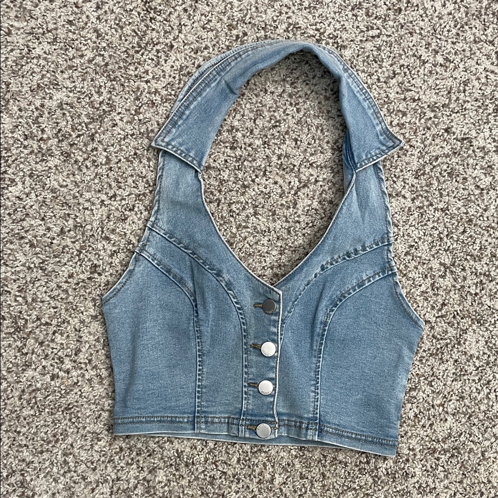 Denim Halter Neck Crop Top